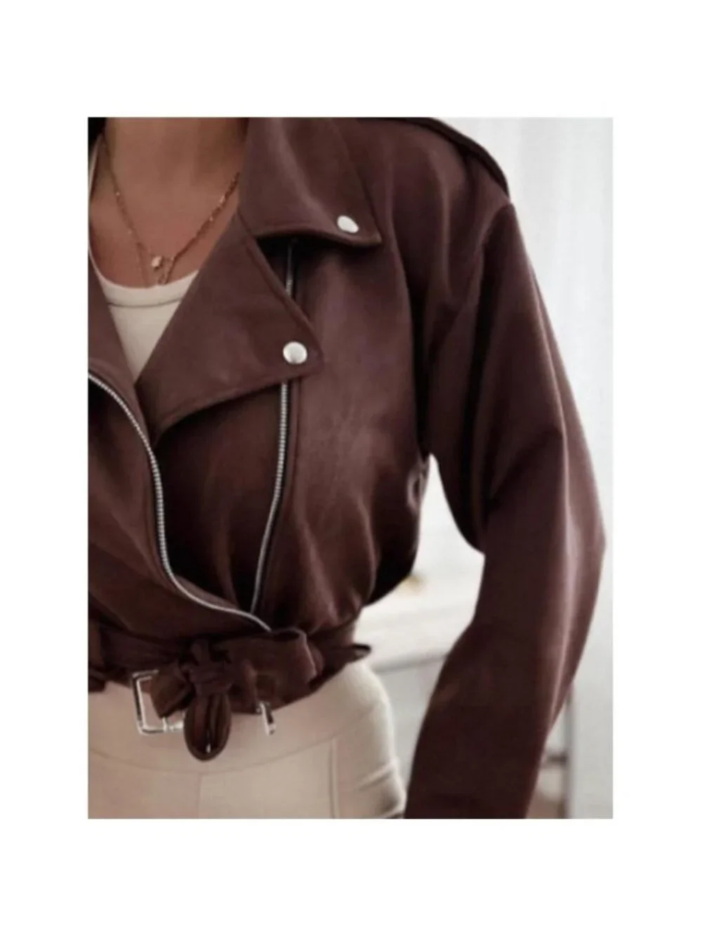 Cropped Biker Jacket with Belt Detail